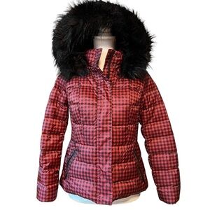 TALBOTS WOMENS BLACK AND RED CHECKERED PUFFER COAT SIZE SMALL PETITE